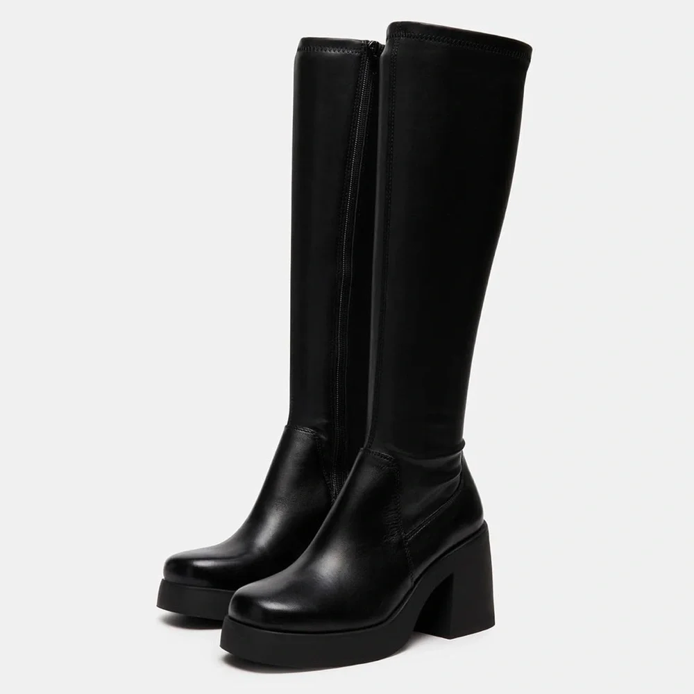 Black Knee-High Platform Boots Size 7.5 Chunky Heel Zip Up – NIB - Picture 4 of 4